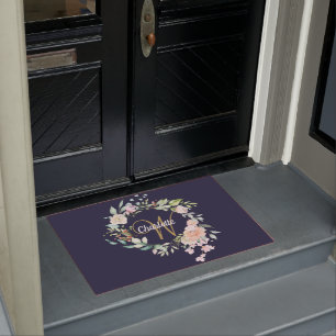 Roses Floral Gold Script Monogram Navy Blue Doormat