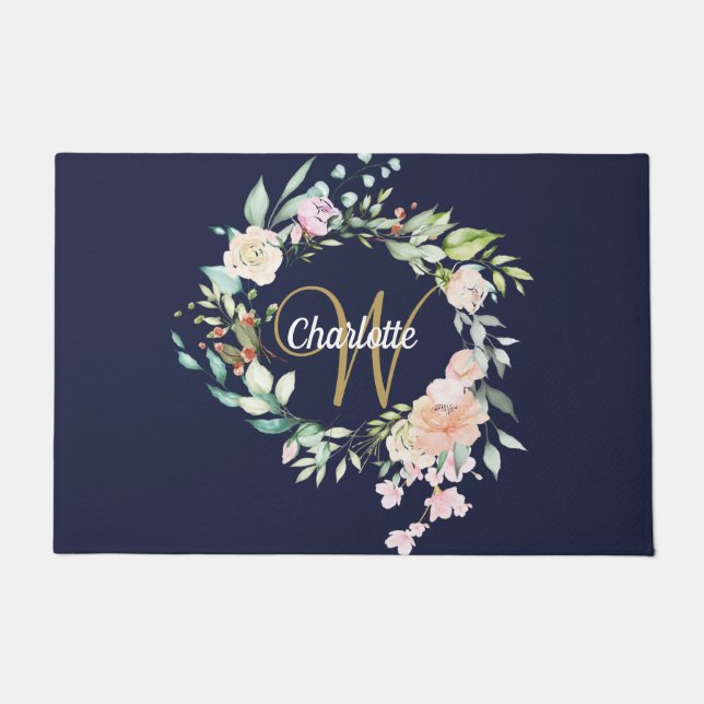 Roses Floral Gold Script Monogram Navy Blue Doormat (Front)