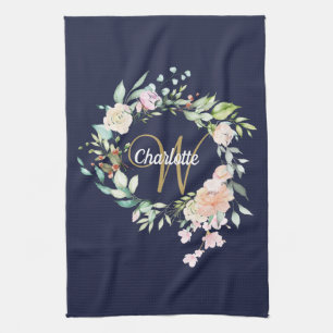 Roses Floral Gold Script Monogram Navy Blue Kitchen Towel