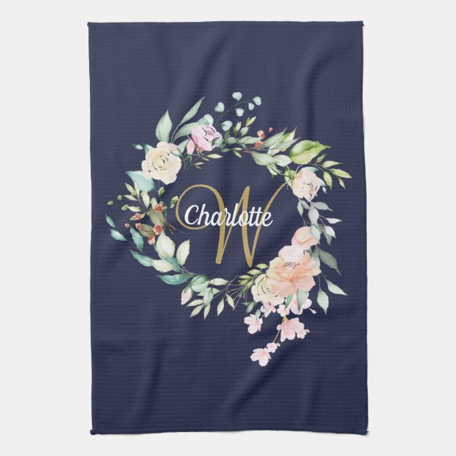 Roses Floral Gold Script Monogram Navy Blue Kitchen Towel (Vertical)