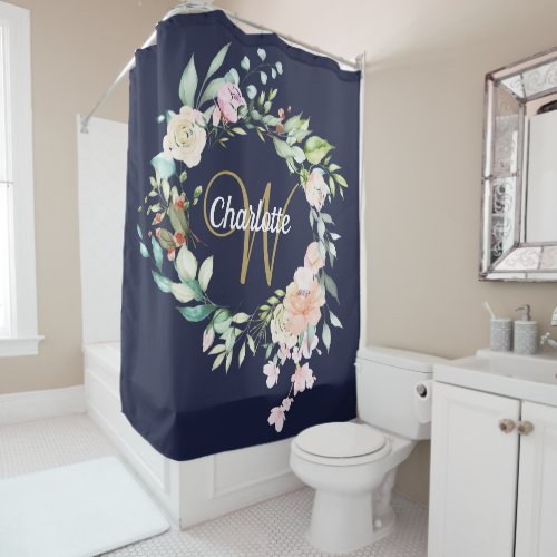 Roses Floral Gold Script Monogram Navy Blue Shower Curtain