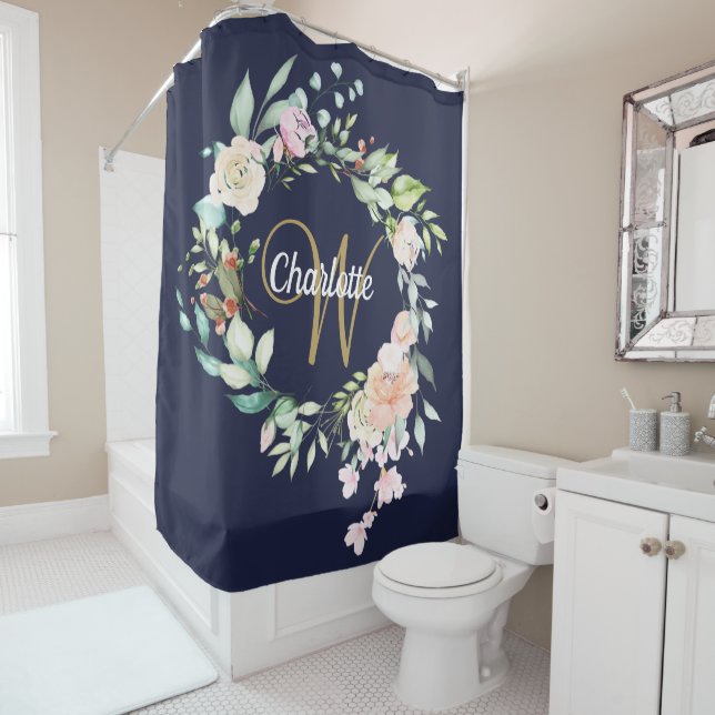 Roses Floral Gold Script Monogram Navy Blue Shower Curtain (In Situ)