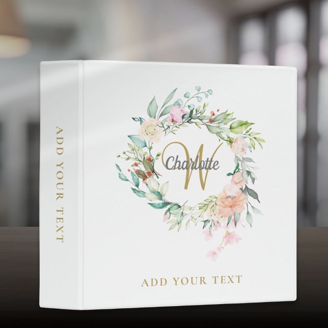 Roses Floral Gold Script Monogram Office School 3 Ring Binder (Roses Floral Gold Script Monogram Office School 3 Ring Binder)