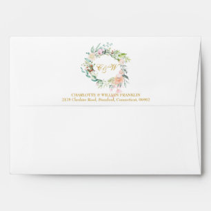 Roses Floral Gold Script Monogram Return Address Envelope