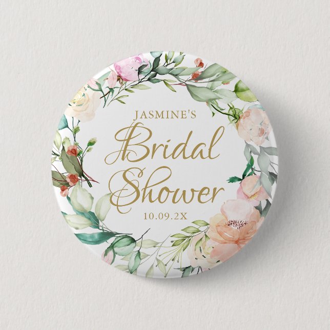 Roses Floral Gold Script Wedding Bridal Shower Button (Front)