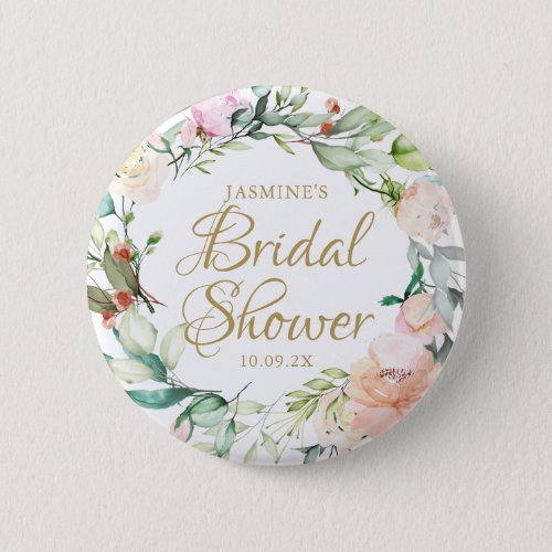 Roses Floral Gold Script Wedding Bridal Shower Button