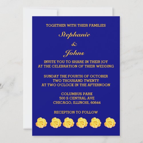 Roses Floral Golden Yellow Gold Navy Blue Wedding Invitation
