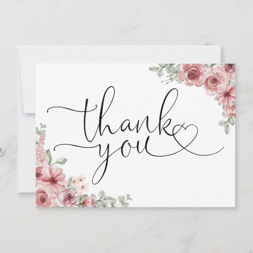 Roses Floral Heart Script Black And White Thank You Card