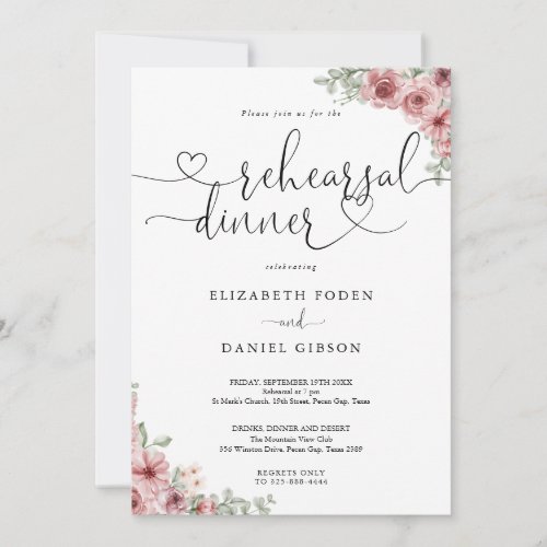 Roses Floral Heart Script Rehearsal Dinner Invitation