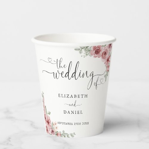 Roses Floral Heart Script Wedding Paper Cups