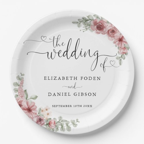 Roses Floral Heart Script Wedding Paper Plates