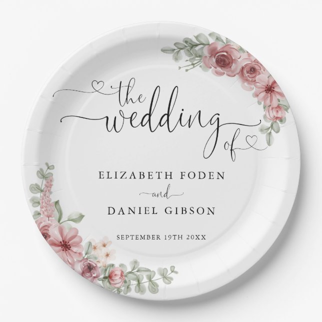 Roses Floral Heart Script Wedding Paper Plates (Front)