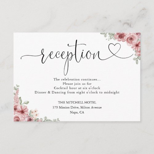 Roses Floral Heart Script Wedding Reception Enclosure Card