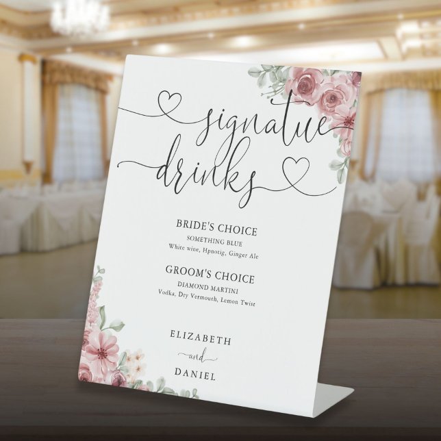 Roses Floral Heart Script Wedding Signature Drinks Pedestal Sign (Roses Floral Heart Script Wedding Signature Drinks Pedestal Sign)