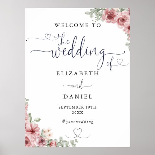 Roses Floral Heart Script Wedding Welcome Sign