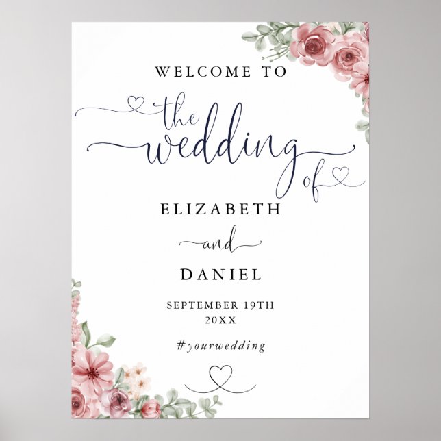 Roses Floral Heart Script Wedding Welcome Sign (Front)