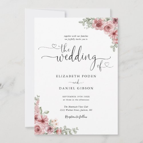 Roses Floral Hearts Script Calligraphy Wedding Invitation - This elegant dusty rose floral black and white wedding invitation can be personalized with your celebration details set in chic typography. Designed by Thisisnotme©