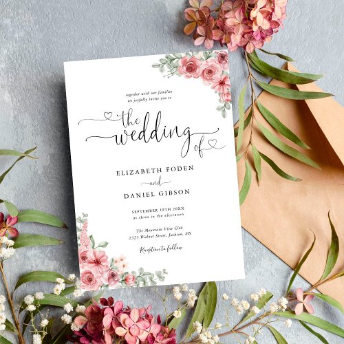 Roses Floral Hearts Script Calligraphy Wedding Invitation
