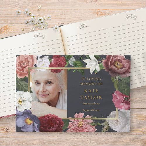 Roses Floral In Loving Memory Photo Funeral Guest Book