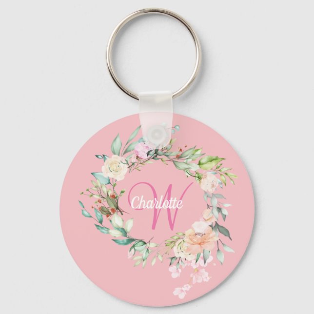 Roses Floral Initial Script Monogram Pink Keychain (Front)