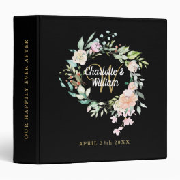 Roses Floral Monogram Black Gold Wedding Album 3 Ring Binder