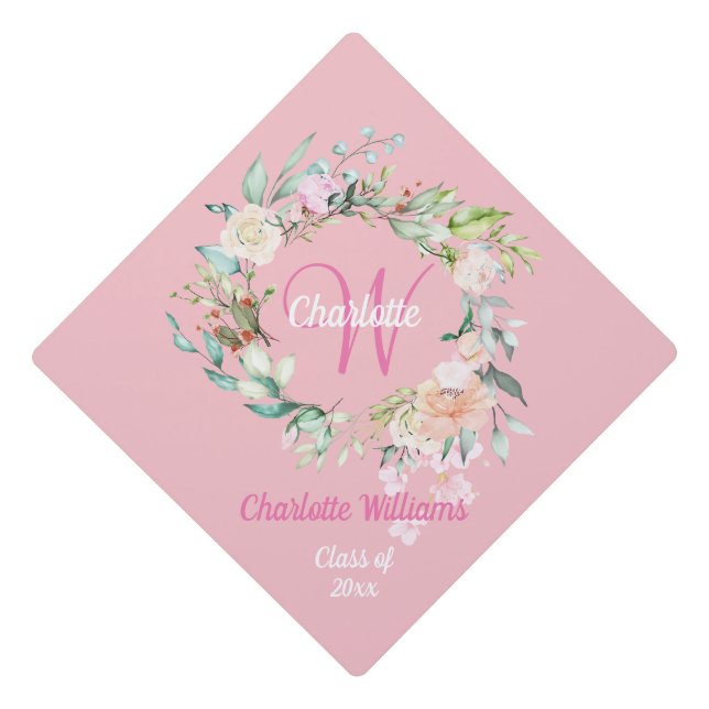 Roses Floral Monogram Pink Graduation Cap Topper (Front)