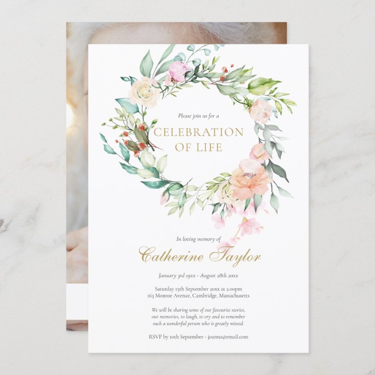 Roses Floral Photo Celebration of Life Funeral Invitation | Zazzle