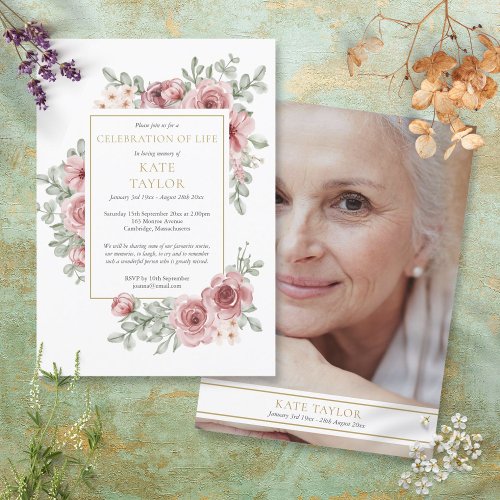 Roses Floral Photo Funeral Celebration of Life Invitation