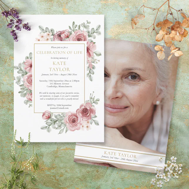 Roses Floral Photo Funeral Celebration of Life Invitation | Zazzle