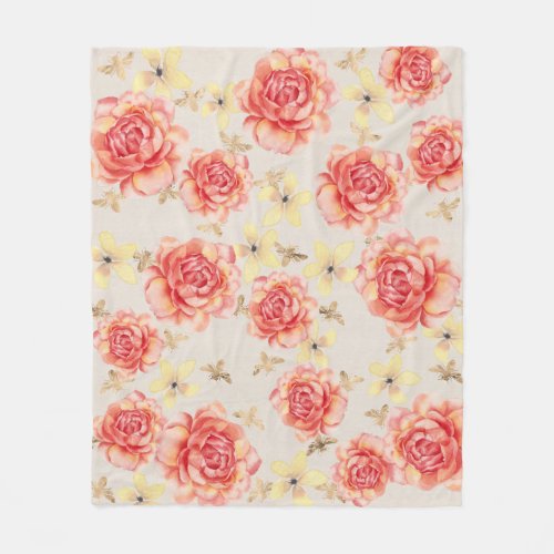 Roses Floral Pink  Yellow on Golden Bees Backgrnd Fleece Blanket