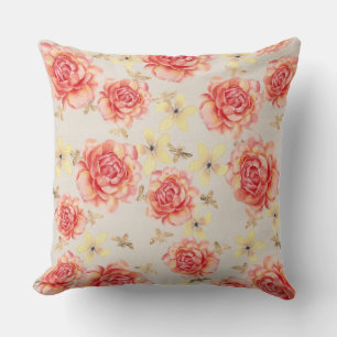 Roses Floral Pink & Yellow on Golden Bees Backgrnd Throw Pillow