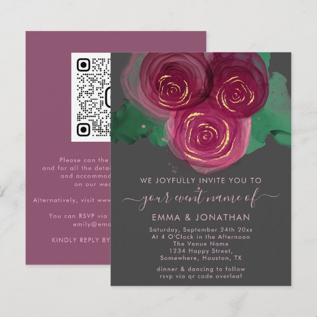 Roses Floral QR Code Graphite Burgundy Marsala (Front/Back)