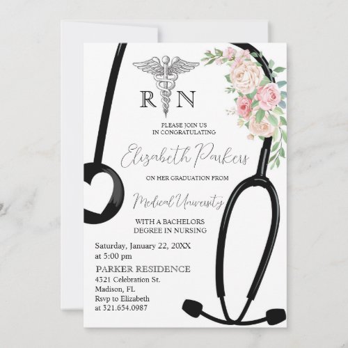 Roses Floral RN Nursing School Graduation Party Invitation