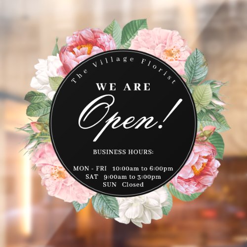 Roses Floral Round Business Opening Hours Black Window Cling