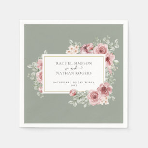 Roses Floral Sage Green Elegant Gold Geometric Napkins