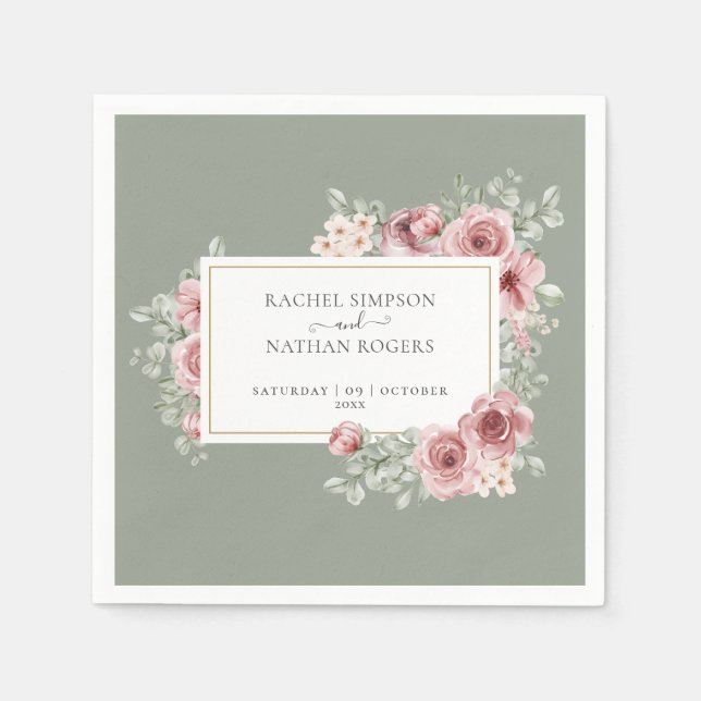 Roses Floral Sage Green Elegant Gold Geometric Napkins (Front)