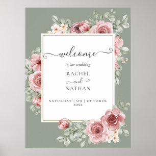 Roses Floral Sage Green Wedding Welcome Sign