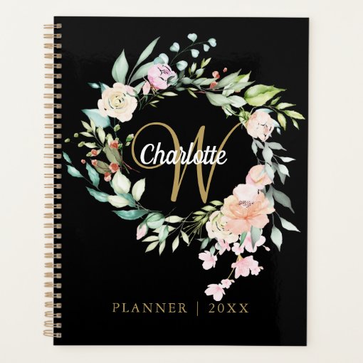 Roses Floral Script Monogram Black Gold 2023 Planner | Zazzle