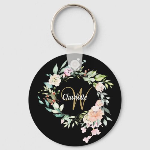 Roses Floral Script Monogram Black Gold Keychain