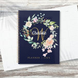 Roses Floral Script Monogram Navy Blue Gold Planner<br><div class="desc">Pretty monogram planner,  featuring a beautiful white script name with a complimenting gold initial that is framed by a delicate watercolor floral rose garland on a navy blue background. Personalize to create a special keepsake gift to treasure! Designed by Thisisnotme©</div>