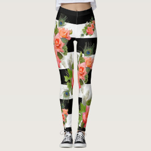 Roses Floral Striped Pattern Peacock Feathers Leggings