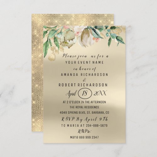 Roses Flower Brunch Green Gold Watercolor Ivory Invitation