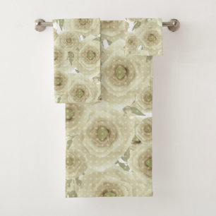 Roses flowers abstract floral print beige colors bath towel set