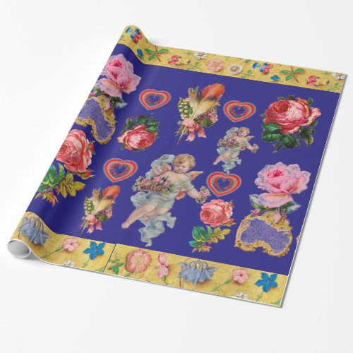 ROSESFLOWERSFEATHERSANGELS AND HEARTS IN BLUE WRAPPING PAPER