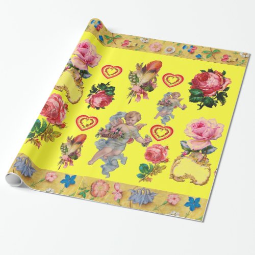 ROSESFLOWERSFEATHERSANGELS AND HEARTS IN YELLOW WRAPPING PAPER