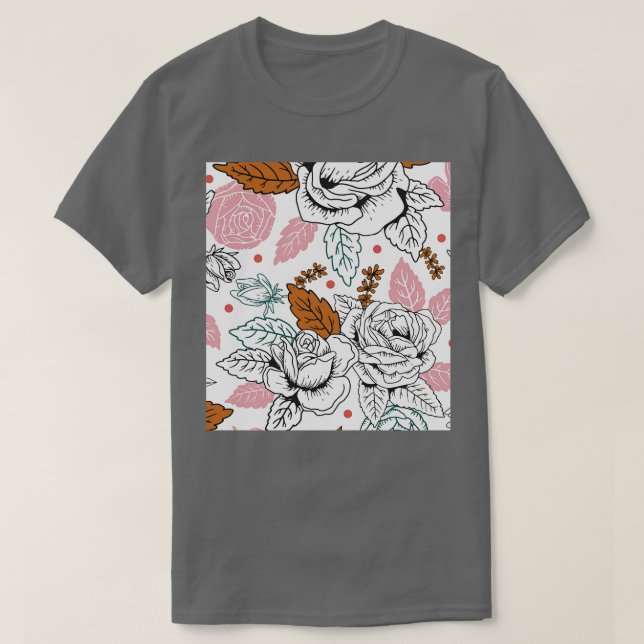 Roses Flowers Floral Pattern Line Art T-Shirt (Design Front)