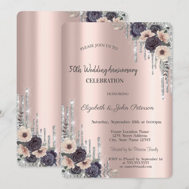 Roses Flowers Glitter Drips Rose Gold Anniversary  Invitation (Front/Back)