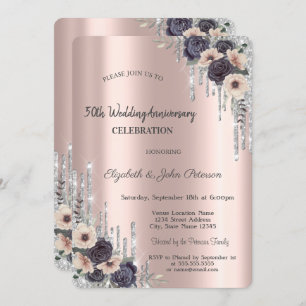Roses Flowers Glitter Drips Rose Gold Anniversary Invitation