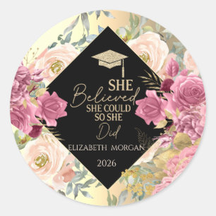 Roses Flowers Gold Cap Motivational Message Classic Round Sticker
