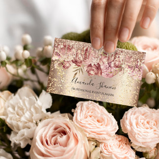 Roses Flowers Gold Confetti Drip QR CODE Logo Business Card